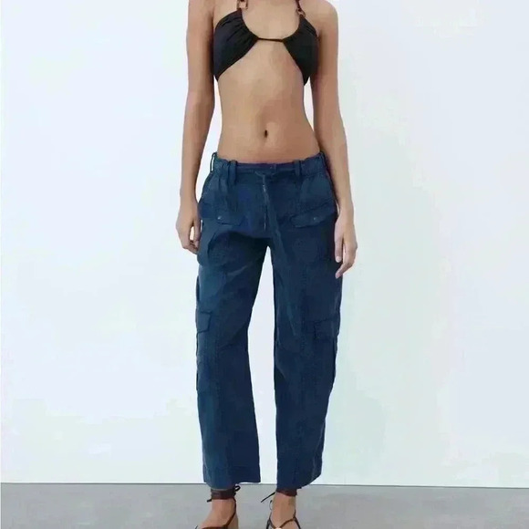 Zara Pants - ZARA linen blend navy cargo pants